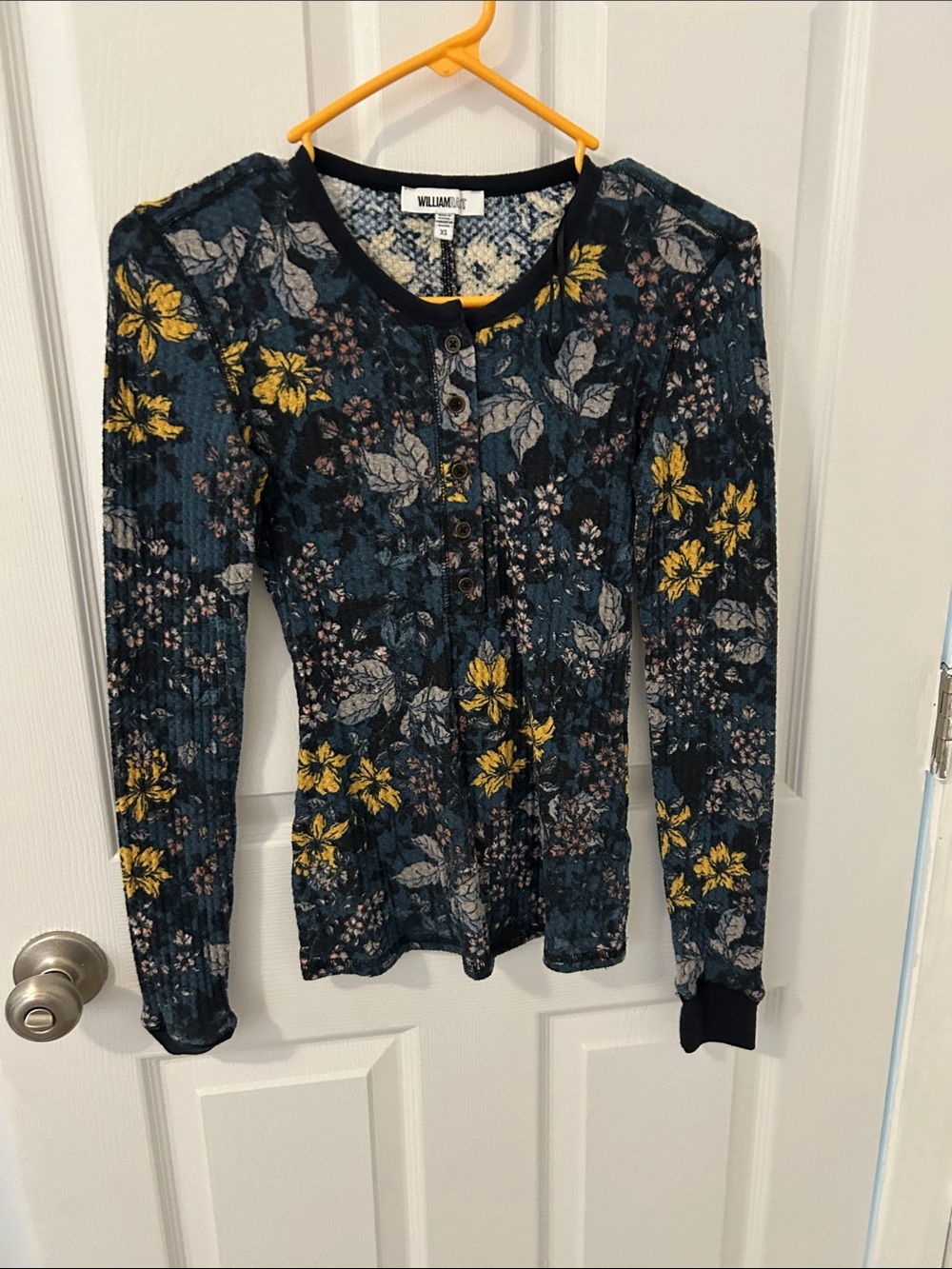 William Rast Teal Floral Ribbed Henley Long Sleeve Top